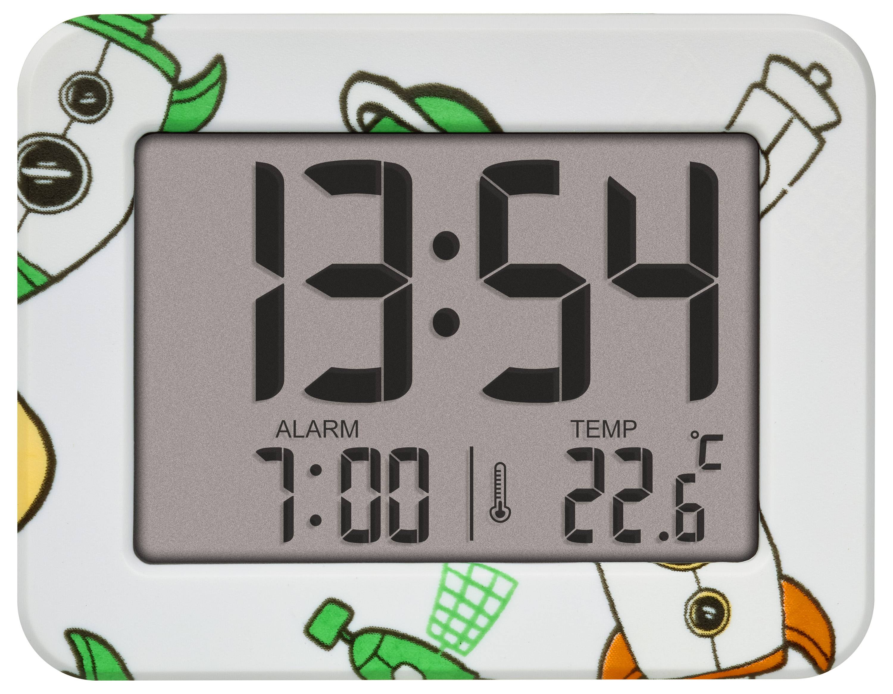Horloge numérique affichant '13:54', heure de l'alarme '7:00', et température '22,6°C'. Arrière-plan avec des motifs de fusées de style cartoon.