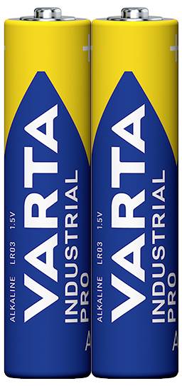 Deux piles AA VARTA jaune et bleu portant l'inscription 'INDUSTRIAL PRO', adaptées aux appareils nécessitant une forte consommation d'énergie.