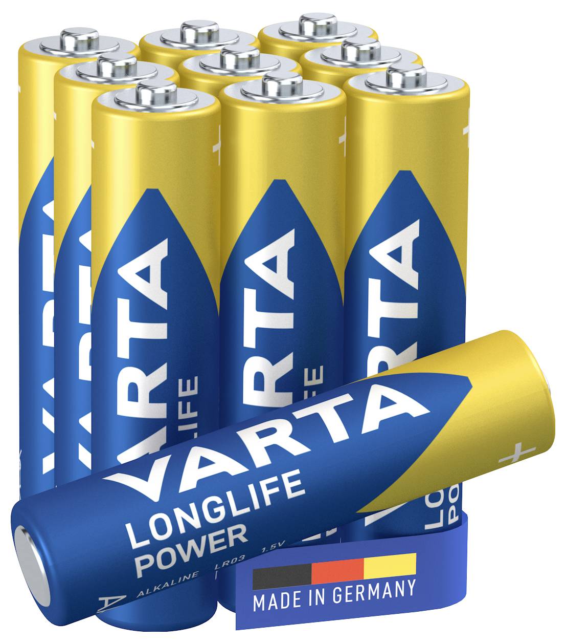 Piles de la marque Varta avec un emballage bleu et jaune, portant l'inscription « LONGLIFE POWER » et « MADE IN GERMANY ».