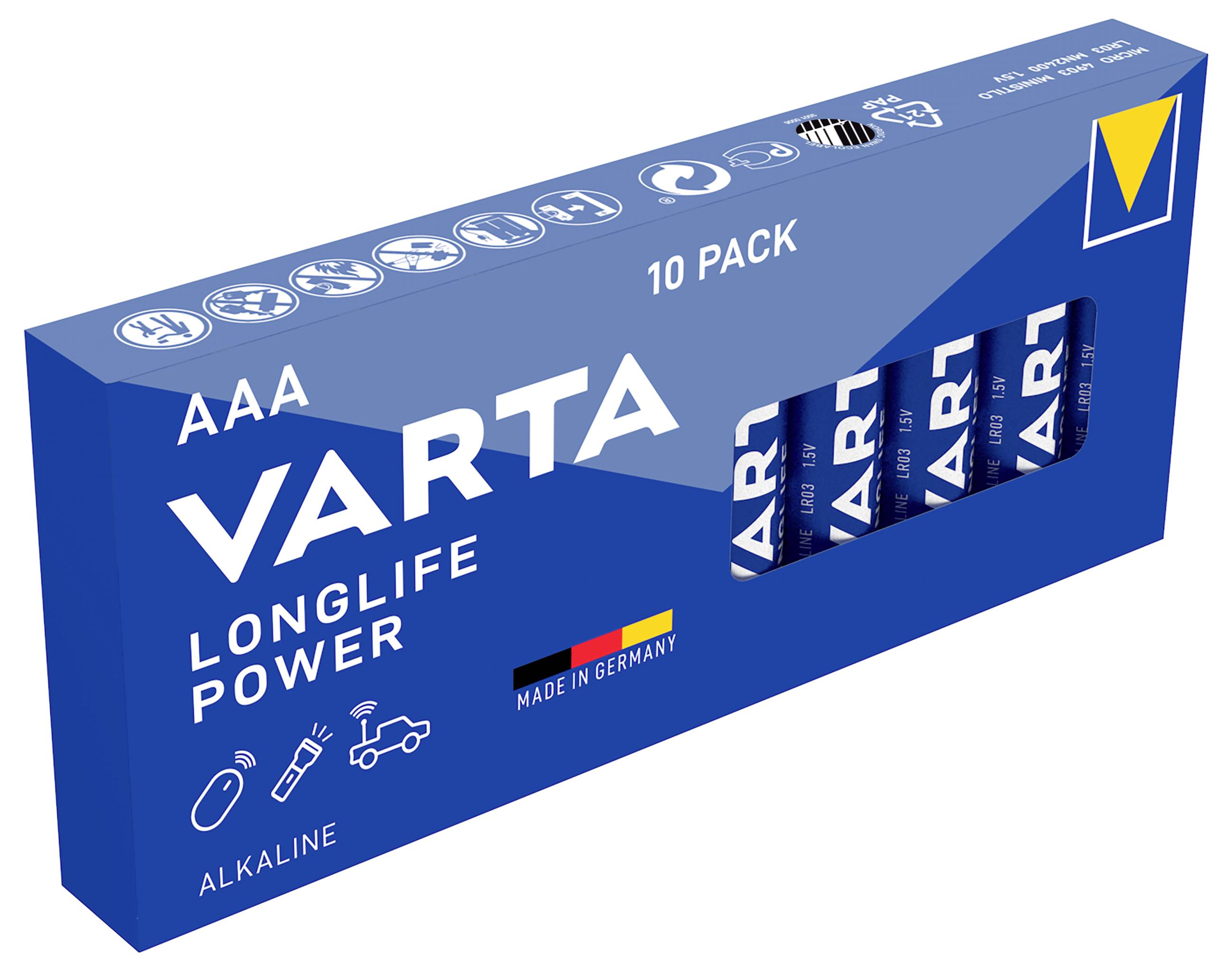 Piles alcalines VARTA LONGLIFE POWER AAA, lot de 10, emballage bleu avec 'Made in Germany' et symboles d'applications.
