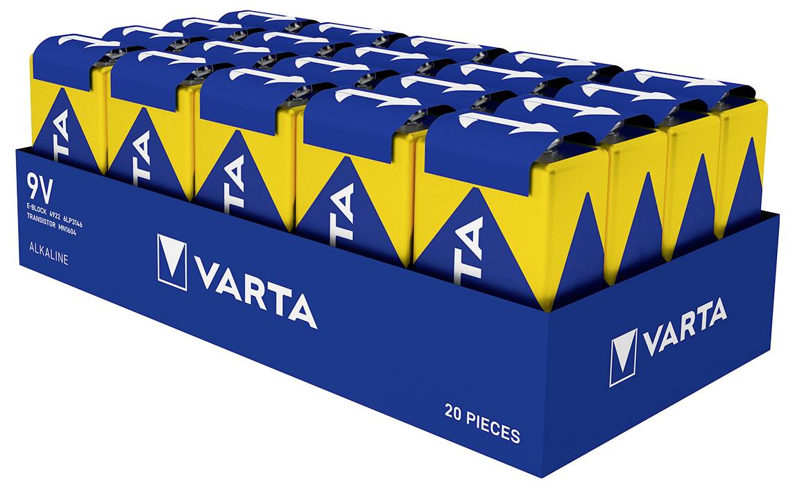 Piles alcalines VARTA 9V, lot de 20 dans un boîtier bleu, design jaune et bleu.
