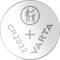 Une pile bouton argentée portant la marque 'CR2032 VARTA' et un symbole indiquant de tenir hors de portée des enfants.