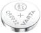 Pile bouton ronde avec l'inscription « CR2032 VARTA ». Un pictogramme représente un adulte et un enfant, probablement comme avertissement.