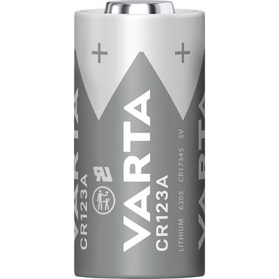 Pile lithium VARTA CR123A argentée avec symboles plus et moins, affichant le nom de marque et le numéro de modèle, 3 V, adaptée aux appareils.