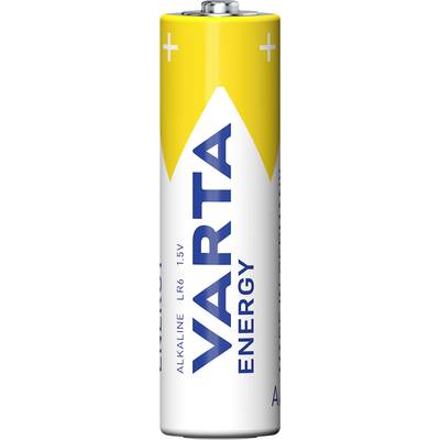 Une pile portant l'inscription 'VARTA Energy Alkaline LR6 1,5V', au design jaune et blanc, pôle positif en haut.