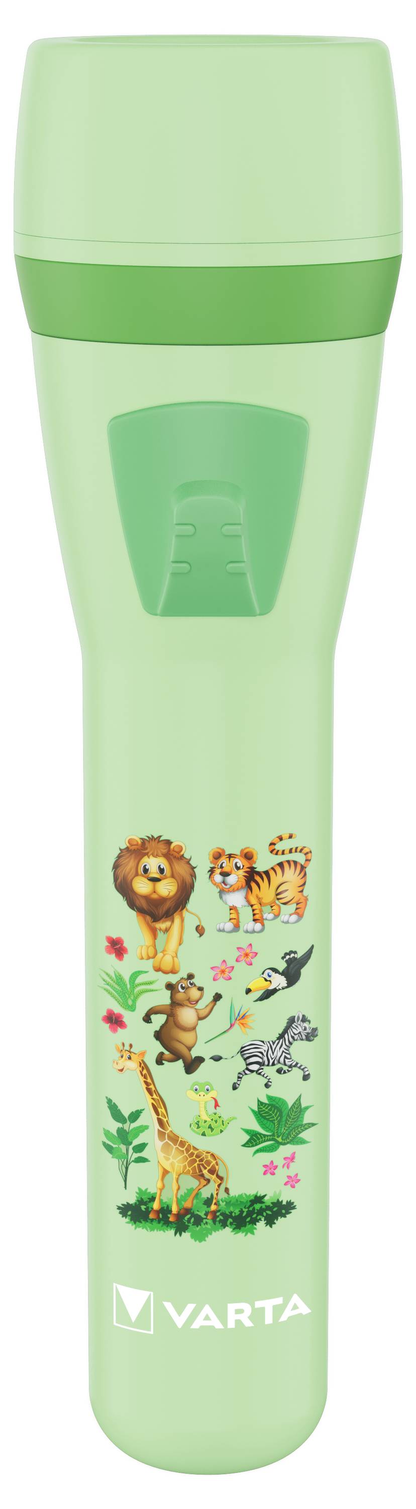 Lampe de poche verte avec motifs d'animaux : Lion, Tigre, Girafe, Grenouille et Singe. En dessous, le logo 'VARTA'.