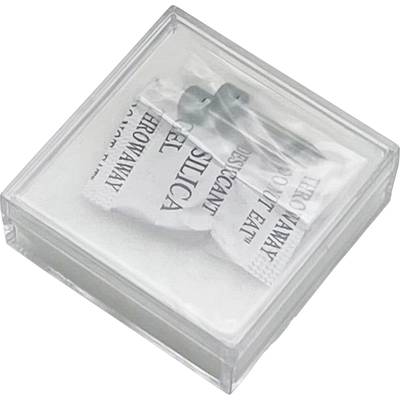 Une petite boîte transparente contient des sachets de silica gel portant l'inscription « Déshydratant, Ne pas manger, Jeter ».