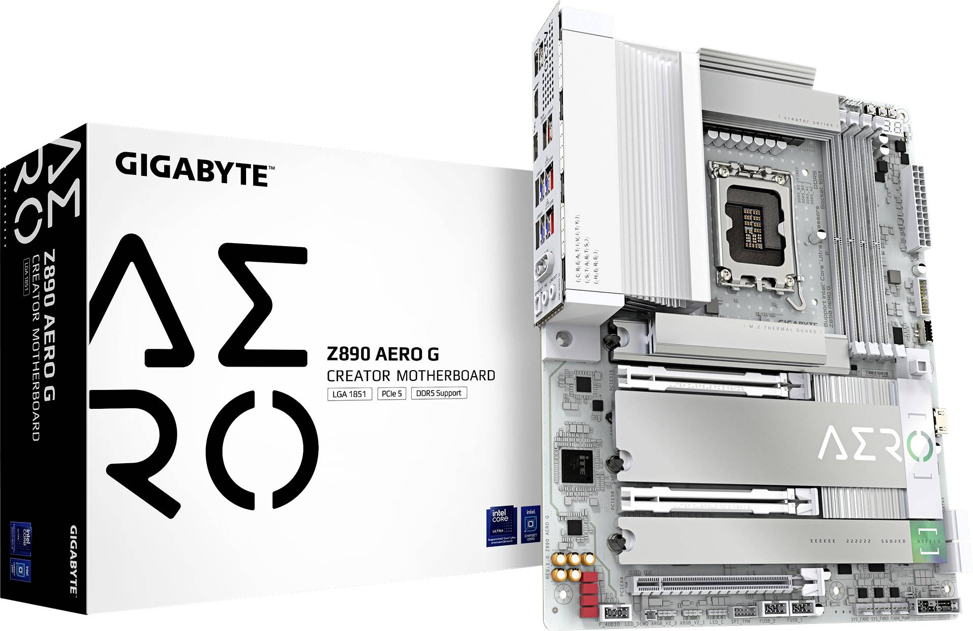 Une carte mère GIGABYTE Z890 AERO G avec socket Intel LGA 1851, DDR5, PCIe 5.0 et Wi-Fi 7. L'emballage présente les caractéristiques de performance.