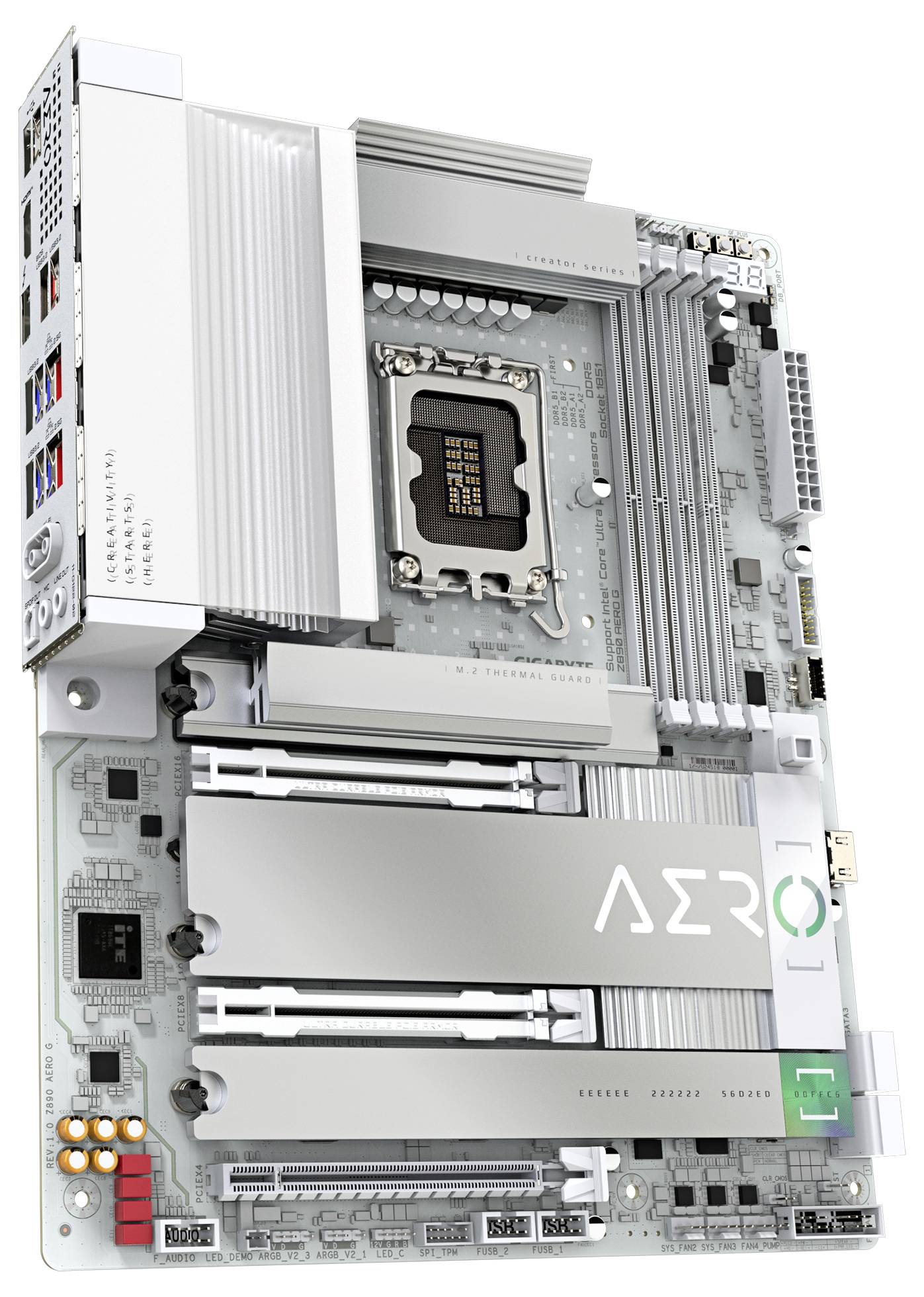 Carte mère grise avec de nombreux connecteurs et composants électroniques, incluant un socket CPU. L'inscription 'AERO' est visible.