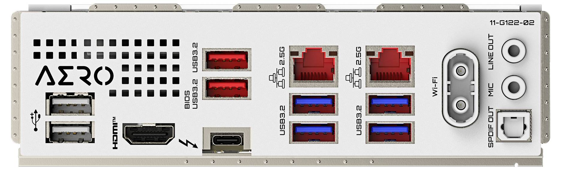 Face arrière d'une carte mère d'ordinateur avec des ports : HDMI, Thunderbolt, USB, Ethernet, Wi-Fi, SPDIF, Line-In, Line-Out. Conçue pour une connectivité moderne.