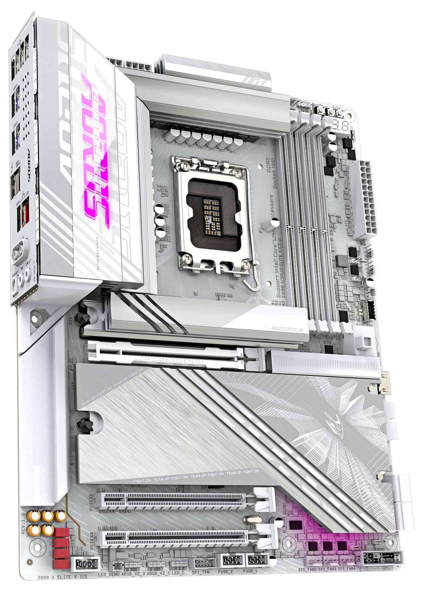 Une carte mère blanche avec un éclairage LED rose. Elle dispose de plusieurs emplacements RAM, d'emplacements PCIe et d'ailettes de refroidissement pour la dissipation thermique.