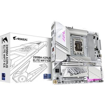 Carte mère Aorus Elite WiFi 7 Z89M blanche devant son emballage. Présentation du produit mettant en valeur ses détails techniques et son design.