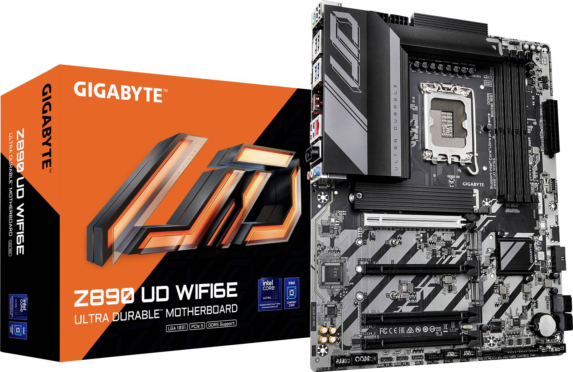 Carte mère GIGABYTE Z690 UD WIFI6E avec son emballage. Carte mère noire présentant de nombreux connecteurs. L'emballage contient le logo du produit.