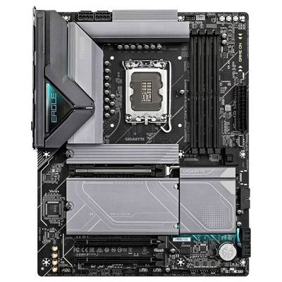 Une carte mère d'ordinateur avec différents emplacements et connecteurs, incluant des emplacements pour RAM et un socket pour processeur.