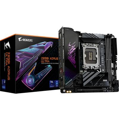 Carte mère Z899I Aorus Ultra à côté de son emballage, présentant des graphiques distinctifs et le logo. Compatible avec les processeurs Intel Core des 12e et 13e générations.