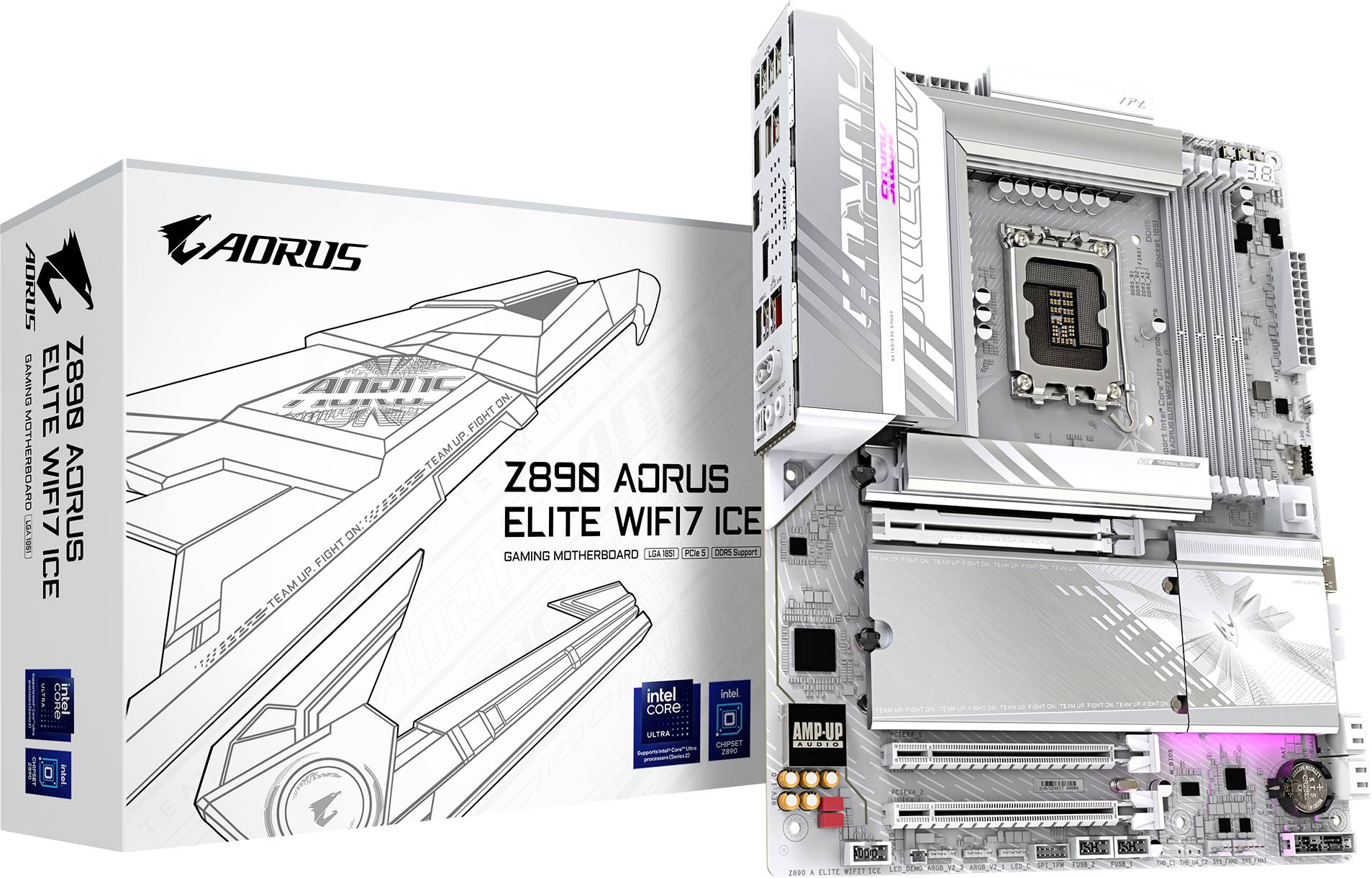 Carte mère Gaming Z690 Aorus Elite WiFi 7 ICE, design argenté, verticale avec son emballage à côté, compatible Intel Core.