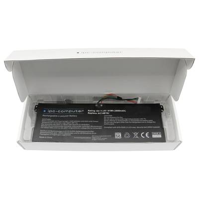 Batterie rechargeable lithium-ion dans son emballage ouvert, avec étiquettes de produit visibles, câble reliant la batterie.