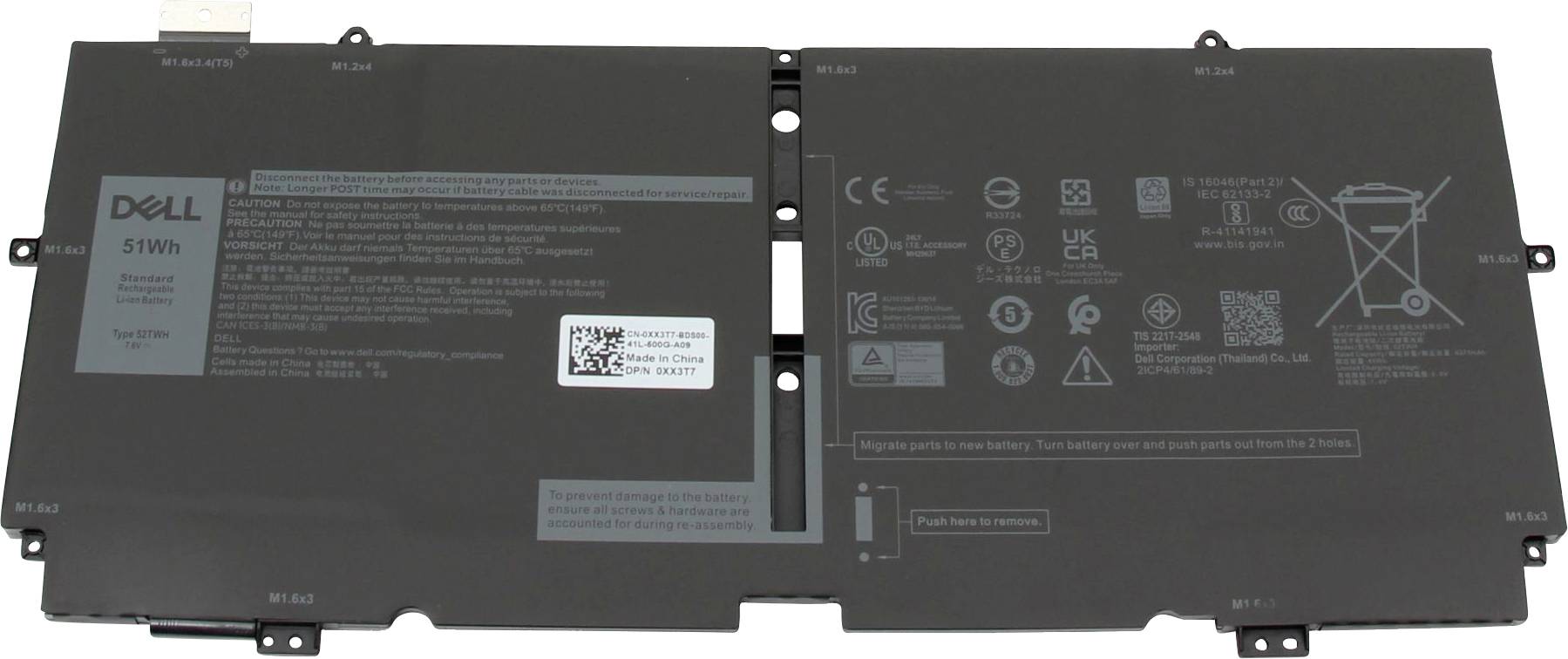 Une batterie d'ordinateur portable avec le logo Dell. Divers symboles et avertissements sont imprimés sur sa surface.