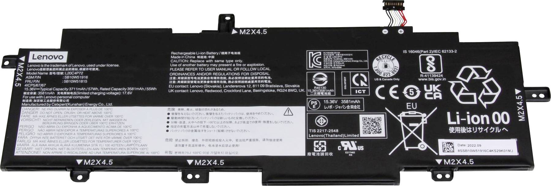 Batterie d'ordinateur portable avec différents logos et avertissements de sécurité, compatible avec les appareils Lenovo. Indications de capacité et de tension visibles.