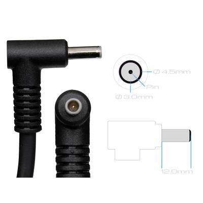 Connecteur DC coudé avec détails : Dimensions extérieures 4,5 mm, dimensions intérieures 3,0 mm et diamètre de broche. Schéma des dimensions incluant une longueur de 12,0 mm.