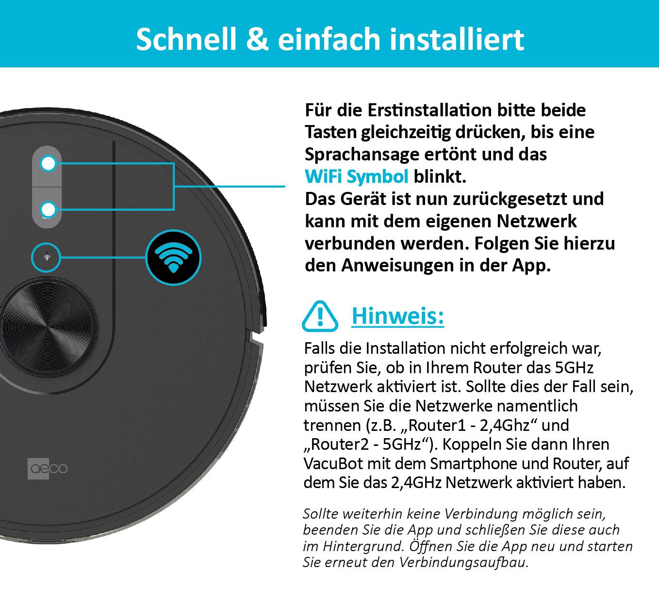 Aspirateur robot noir avec symbole WiFi clignotant. Instructions textuelles pour l'installation et conseils pour résoudre les problèmes de connexion.