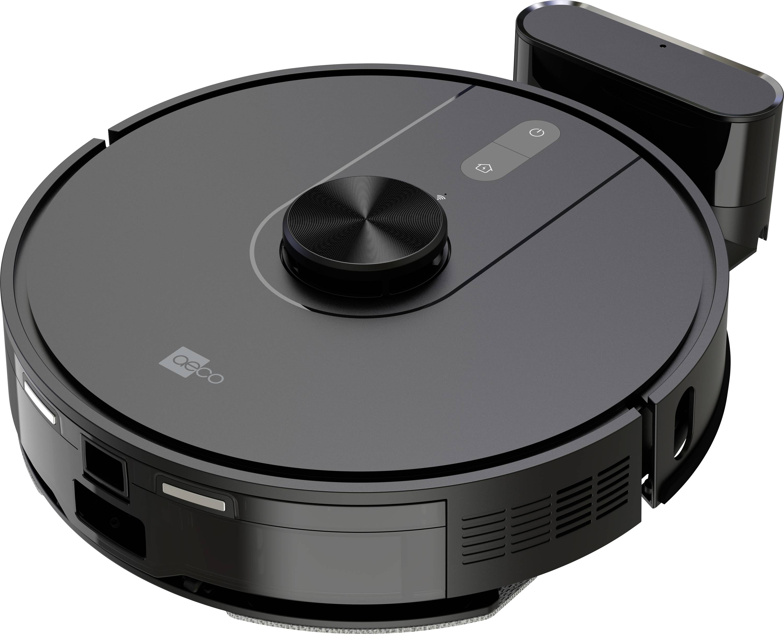 Un robot aspirateur rond noir sur une station de charge, avec des touches en haut et des capteurs sur les côtés.