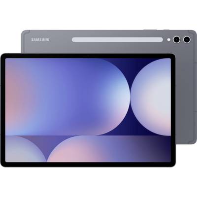 Une tablette Samsung avec un grand écran affiche un fond d'écran abstrait dans des tons de bleu et de violet. Elle est visible à la fois de face et de dos.