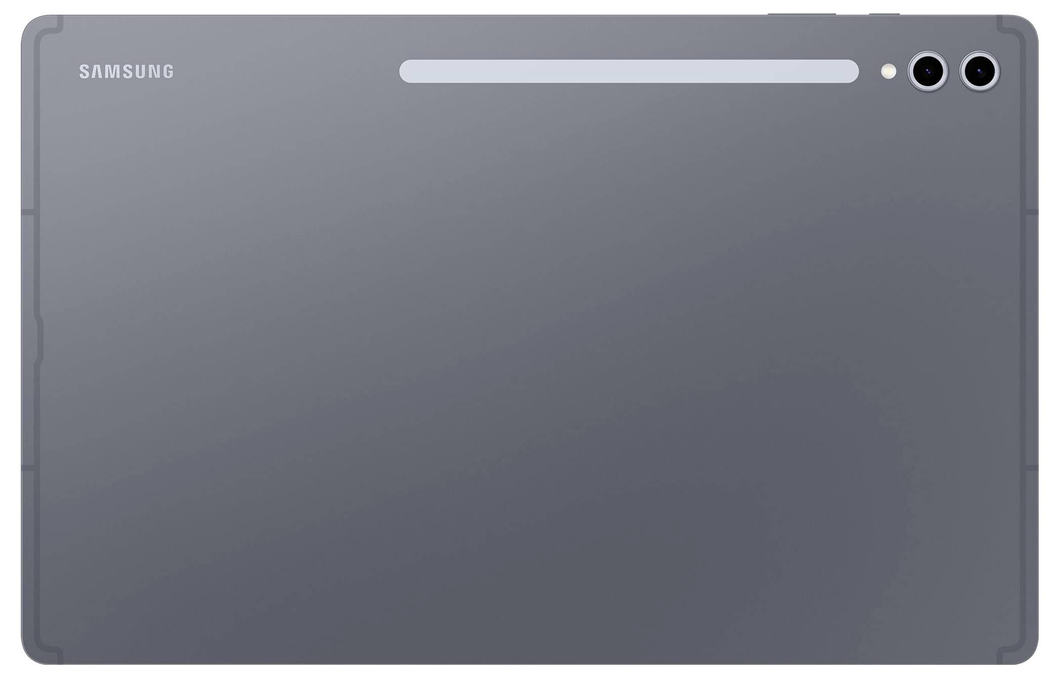 Dos d'une tablette gris foncé avec une bande de caméra horizontale et un double capteur photo dans le coin supérieur droit.
