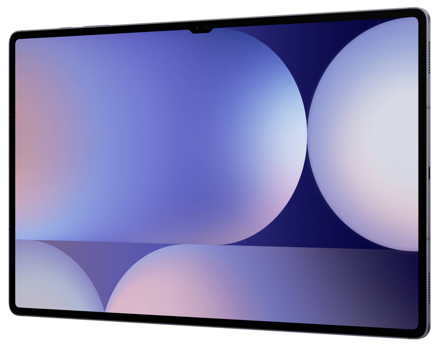 Une tablette moderne avec un grand écran, des bords arrondis et un cadre étroit noir. L'écran affiche un motif abstrait dans des tons de bleu et de rose.