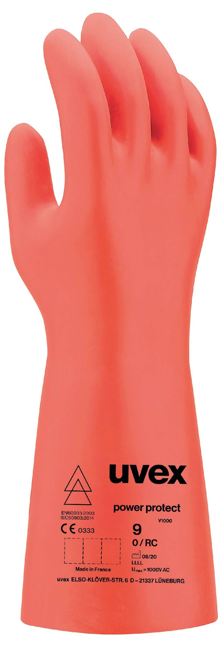 Un gant de protection orange de uvex, adapté aux travaux électriques, portant le marquage CE et des symboles de protection imprimés.