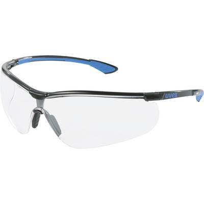 Des lunettes de protection avec un verre transparent et bombé, monture noire et branches bleues. Elles offrent une protection des yeux et des côtés.