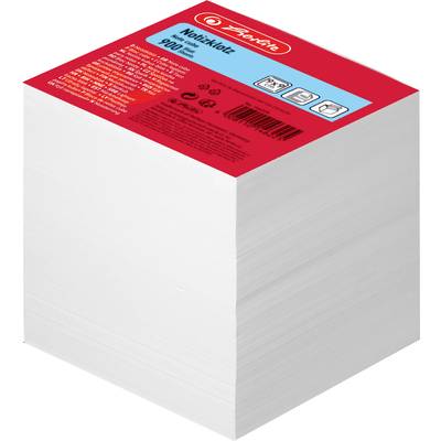 Un grand cube de notes autocollantes blanches, 900 feuilles, avec un emballage rouge. Le dos présente des symboles et un code-barres.