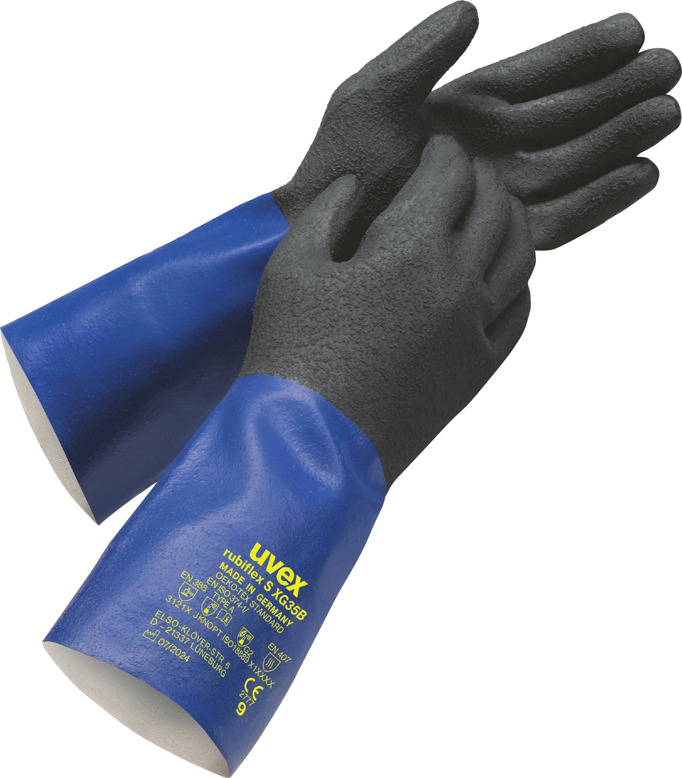 Deux gants noirs antidérapants avec des poignets longs bleus. Inscription jaune sur les poignets avec des informations sur le produit.