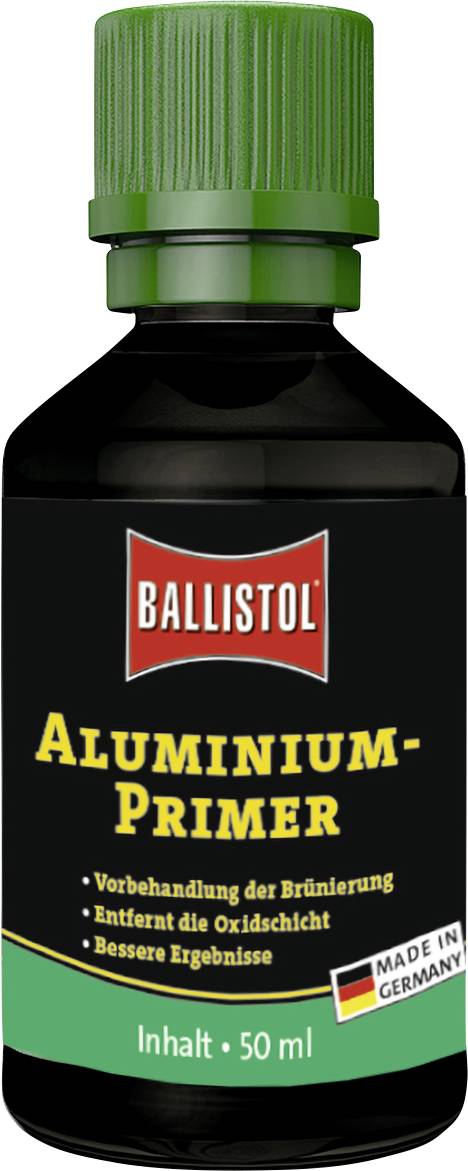 Bouteille avec étiquette 'BALLISTOL Primaire Aluminium', 50 ml. Indications : 'Prétraitement pour brunissage', 'Élimine la couche d'oxyde', 'Meilleurs résultats'. 'Fabriqué en Allemagne'.