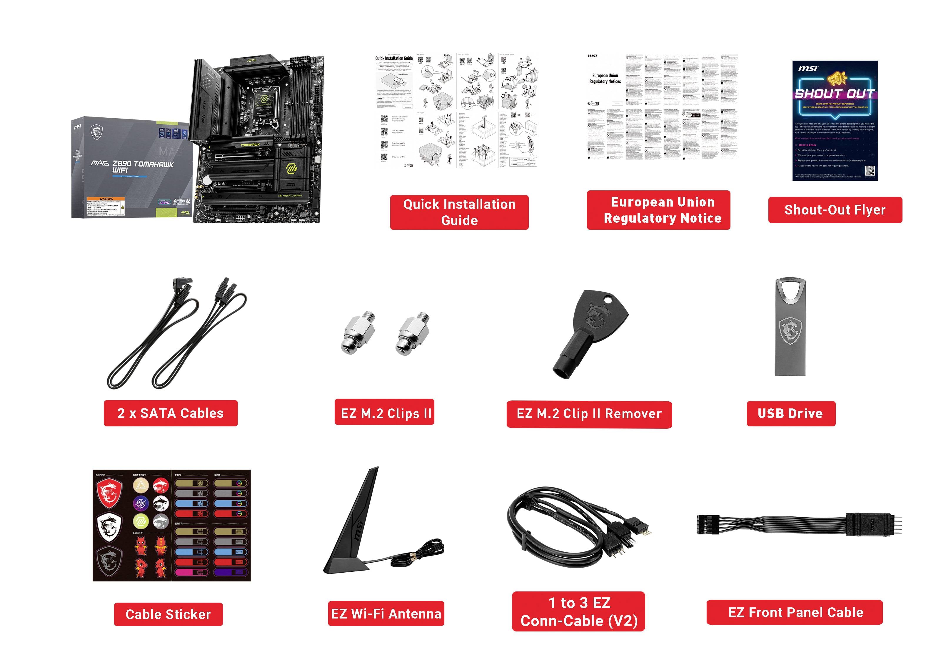 Cette image montre le contenu d'un package de carte mère : carte mère, instructions, câbles, antennes, clips, clé USB et autocollants.