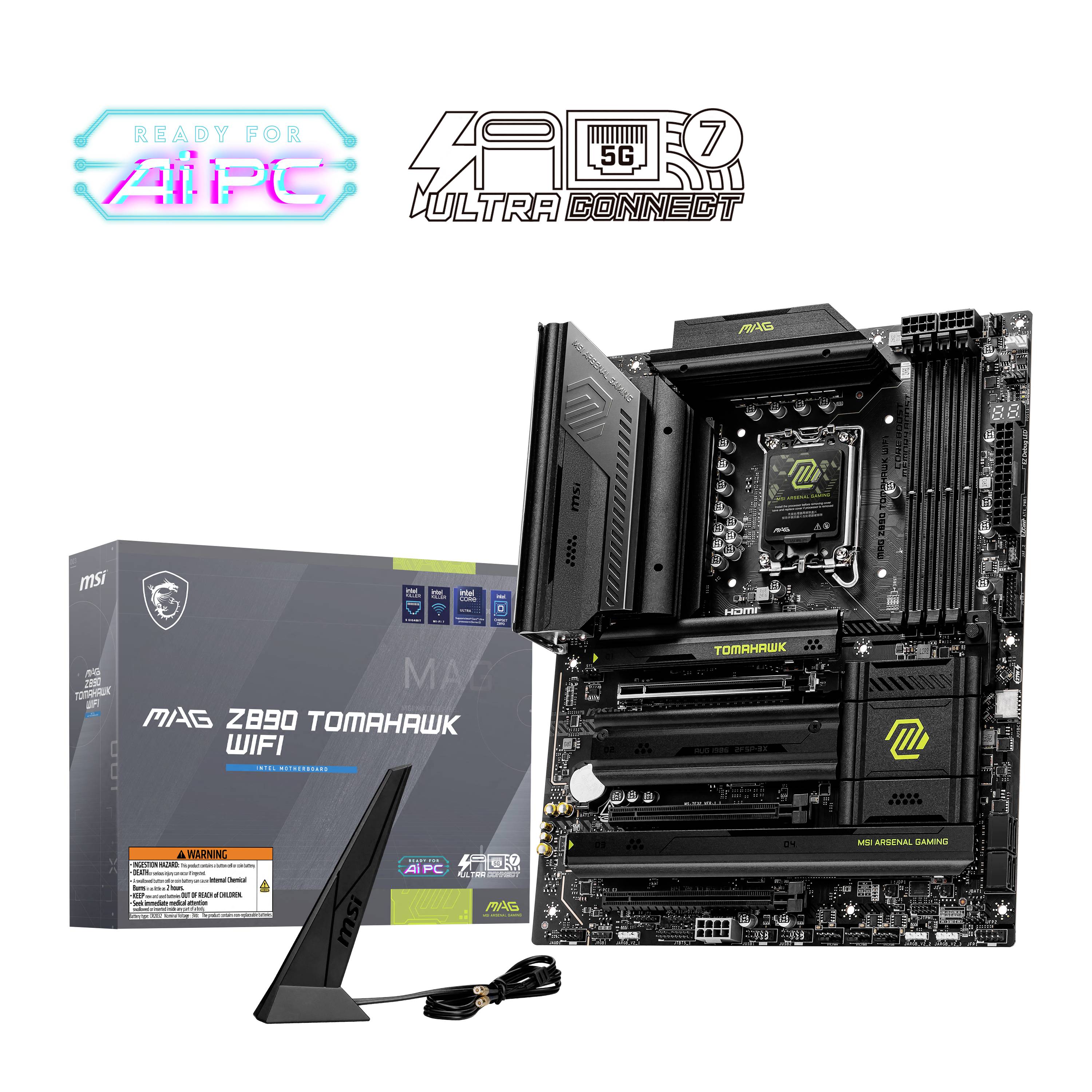 Carte mère 'MSI MAG Z790 TOMAHAWK WIFI' avec emballage et antenne. Prend en charge AI PC, 5G et Ultra Connect, adaptée aux joueurs.