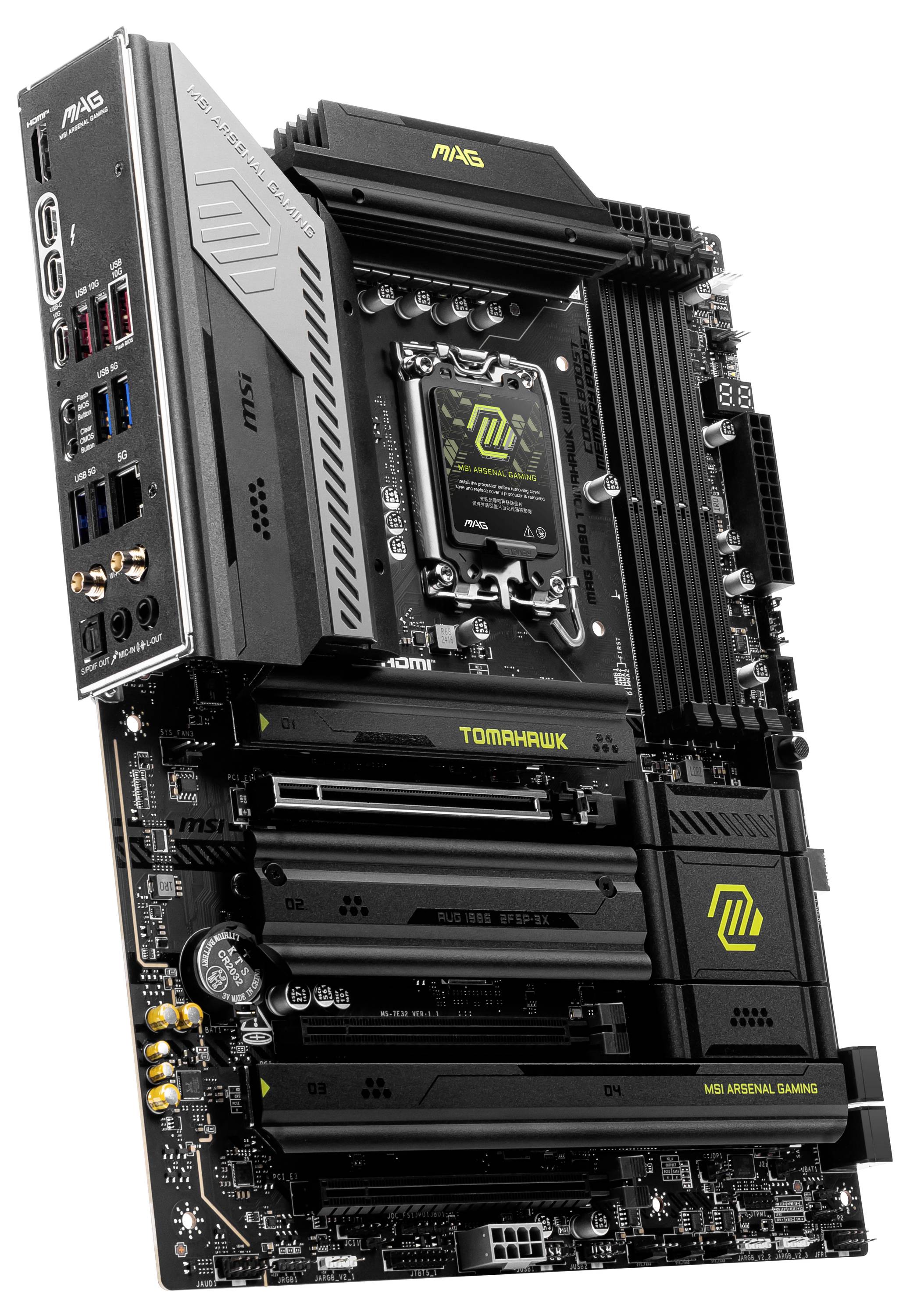 Carte mère MSI MAG Tomahawk avec socket LGA 1700, emplacements PCIe et plusieurs connecteurs, adaptée aux PC gaming.