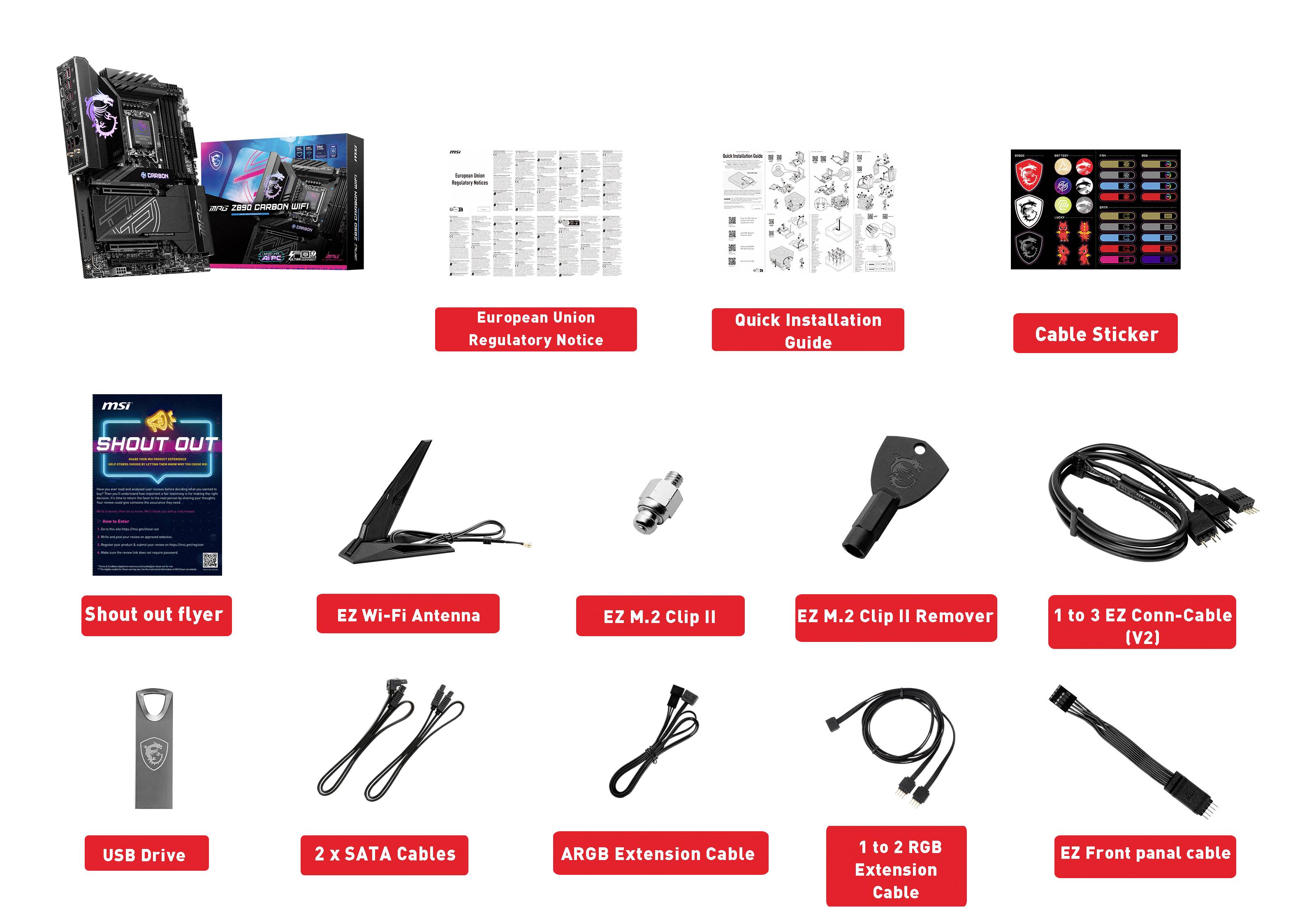 Contenu d'un kit de carte mère : manuels d'utilisation, câbles, antennes et autres accessoires. Détails sur l'image.