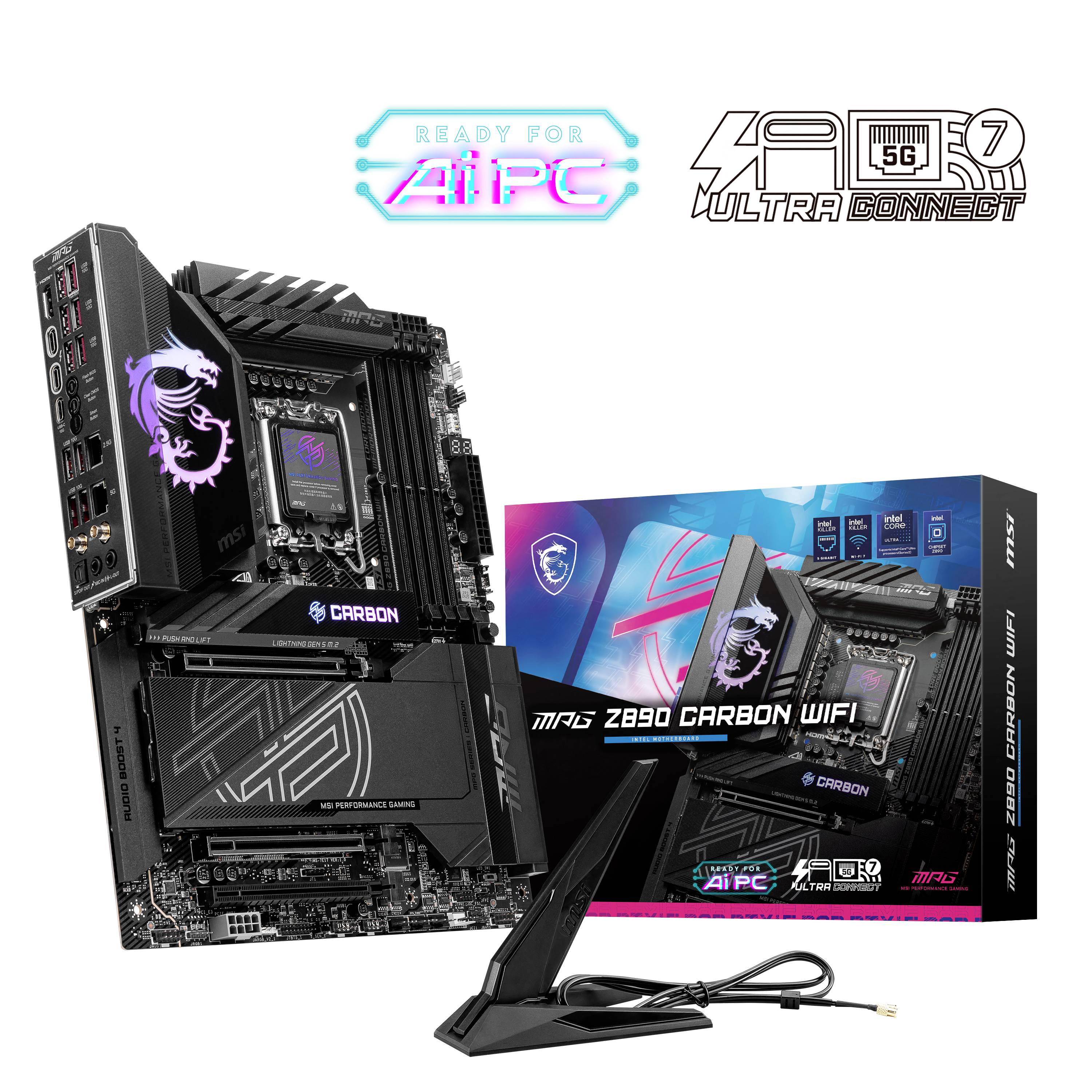 Une carte mère MSI Z890 Carbon WIFI et son emballage. Caractéristiques principales : 'Compatible AIPC', USB 4.0 et antenne WIFI double bande.