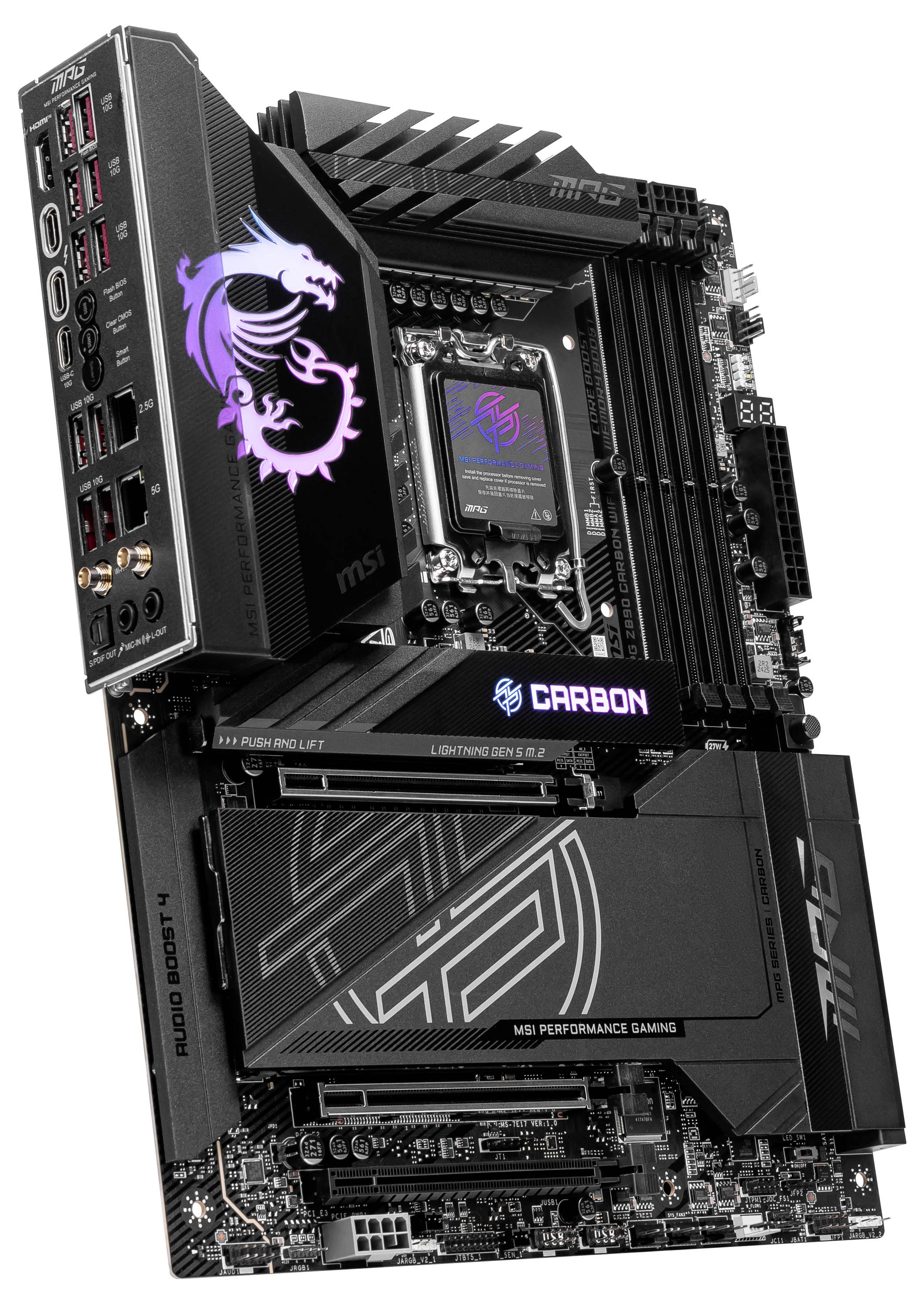 Carte mère MSI MPG Z590 Gaming Carbon WiFi avec LED RVB, design noir, nombreuses connexions et système de refroidissement avancé.