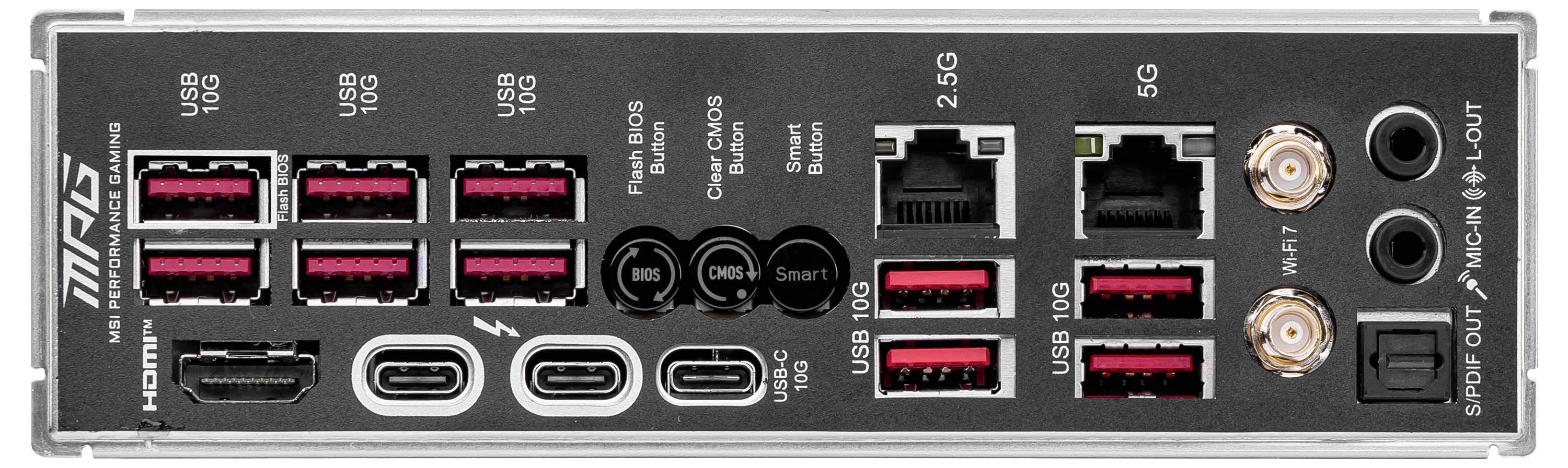 Arrière d'une carte mère avec plusieurs ports USB, ports Ethernet, connexions audio et sortie HDMI pour diverses possibilités de connexion.
