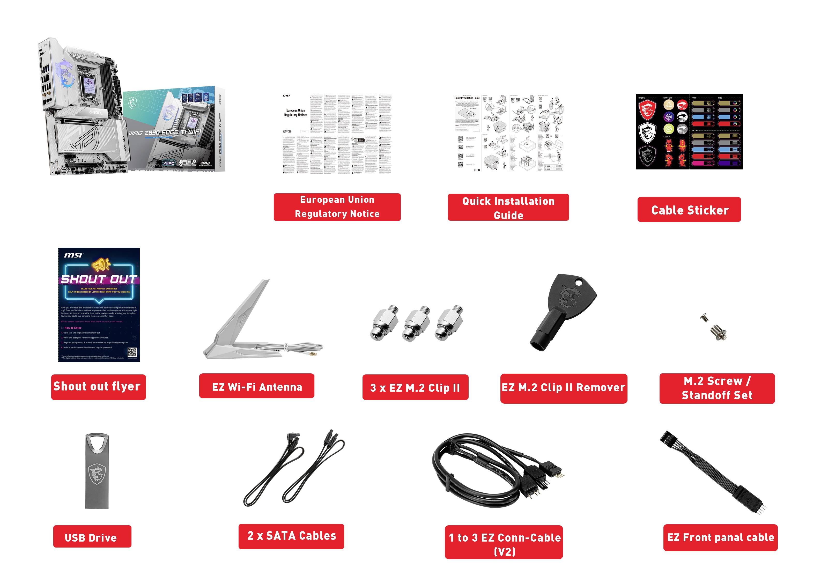 'Carte mère et accessoires : Une variété de câbles, autocollants, manuels, antenne, clé USB et outils de montage nécessaires à l'installation.'