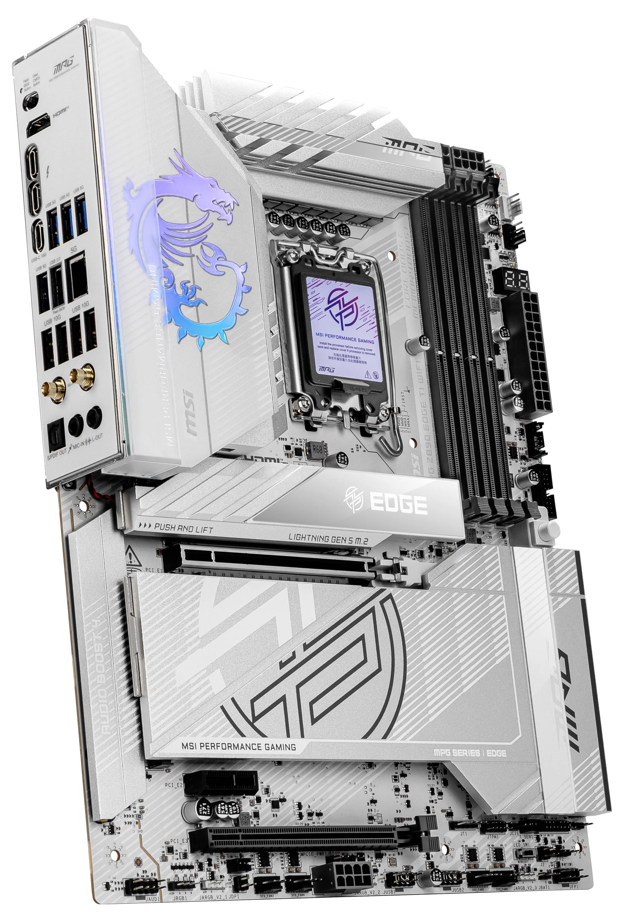 Carte mère MSI Z790 argentée pour processeurs Intel, avec dissipateur thermique intégré et de multiples options de connexion.