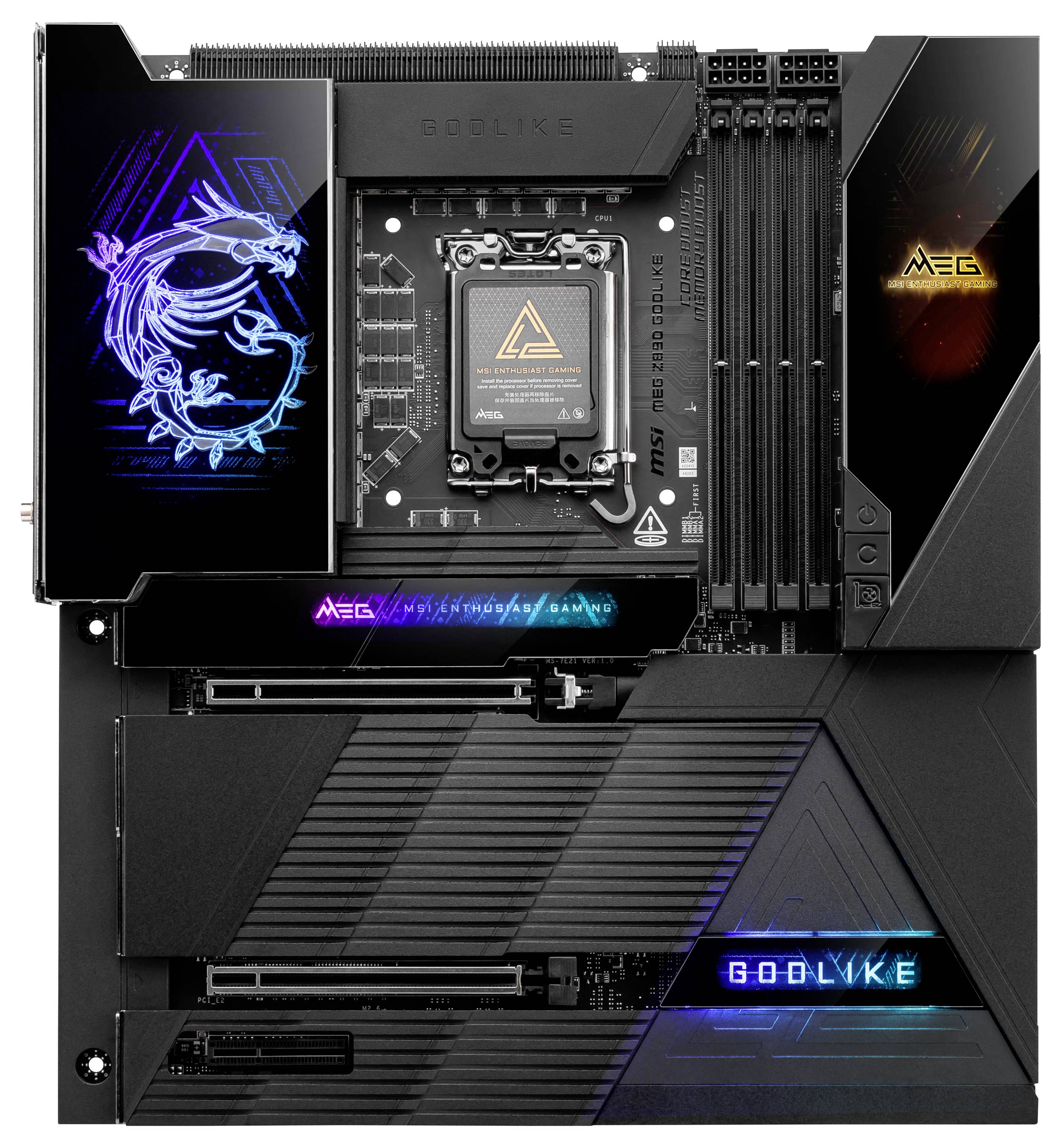 Carte mère avec des éléments LED lumineux et un logo de dragon sur un design noir. Marquage 'Godlike'.