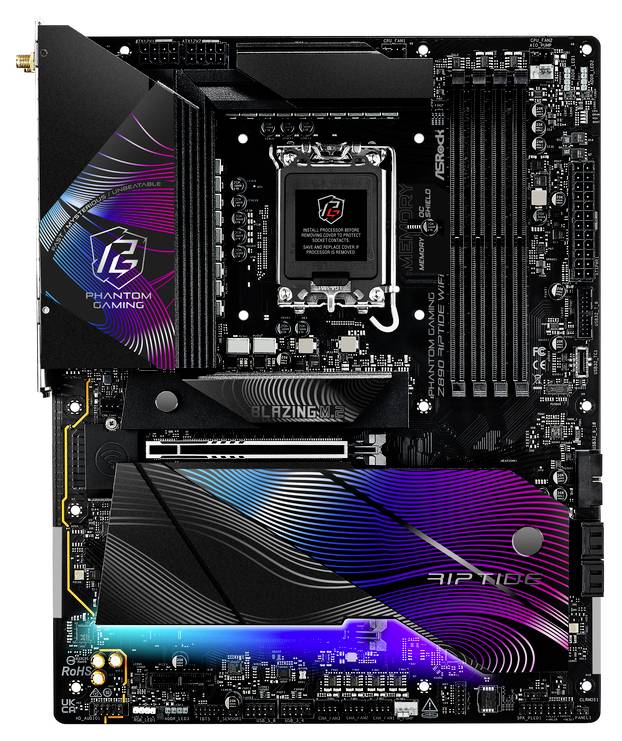 Une carte mère ATX multicolore montre plusieurs circuits, des emplacements pour RAM et un socket CPU, adaptée aux constructions de matériel informatique.