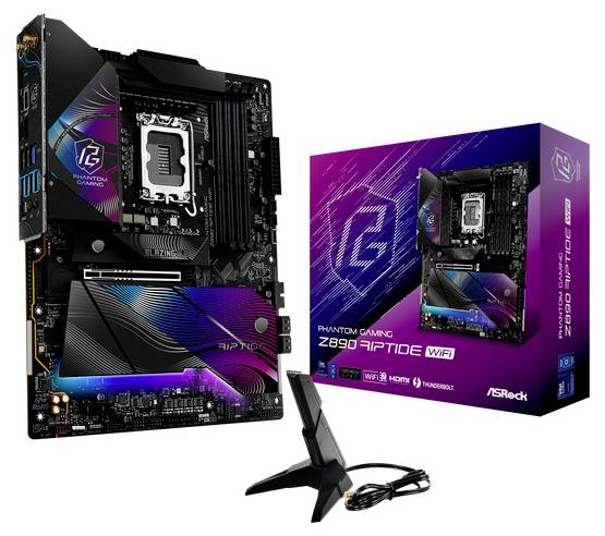 Photo d'une carte mère ASRock Z690 PG Riptide WiFi. À gauche, la carte mère avec éclairage RVB, à droite l'emballage et une antenne.