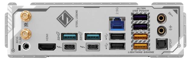 Arrière d'une carte mère d'ordinateur avec plusieurs ports : HDMI, USB-C, USB-A, Ethernet, Audio et S/PDIF. Des marquages indiquant la vitesse et les fonctionnalités sont visibles.