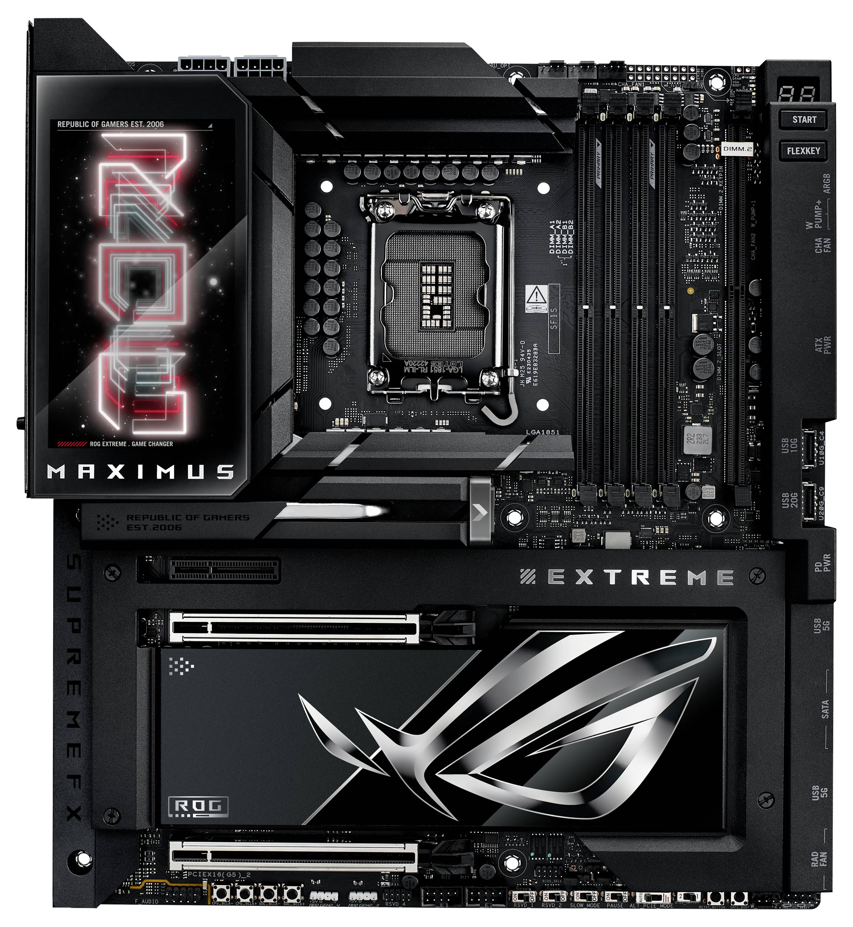 Une carte mère ROG Maximus avec socket LGA 1700, attrayante pour les passionnés de gaming, présente un éclairage RGB éclatant et des dissipateurs thermiques élaborés.