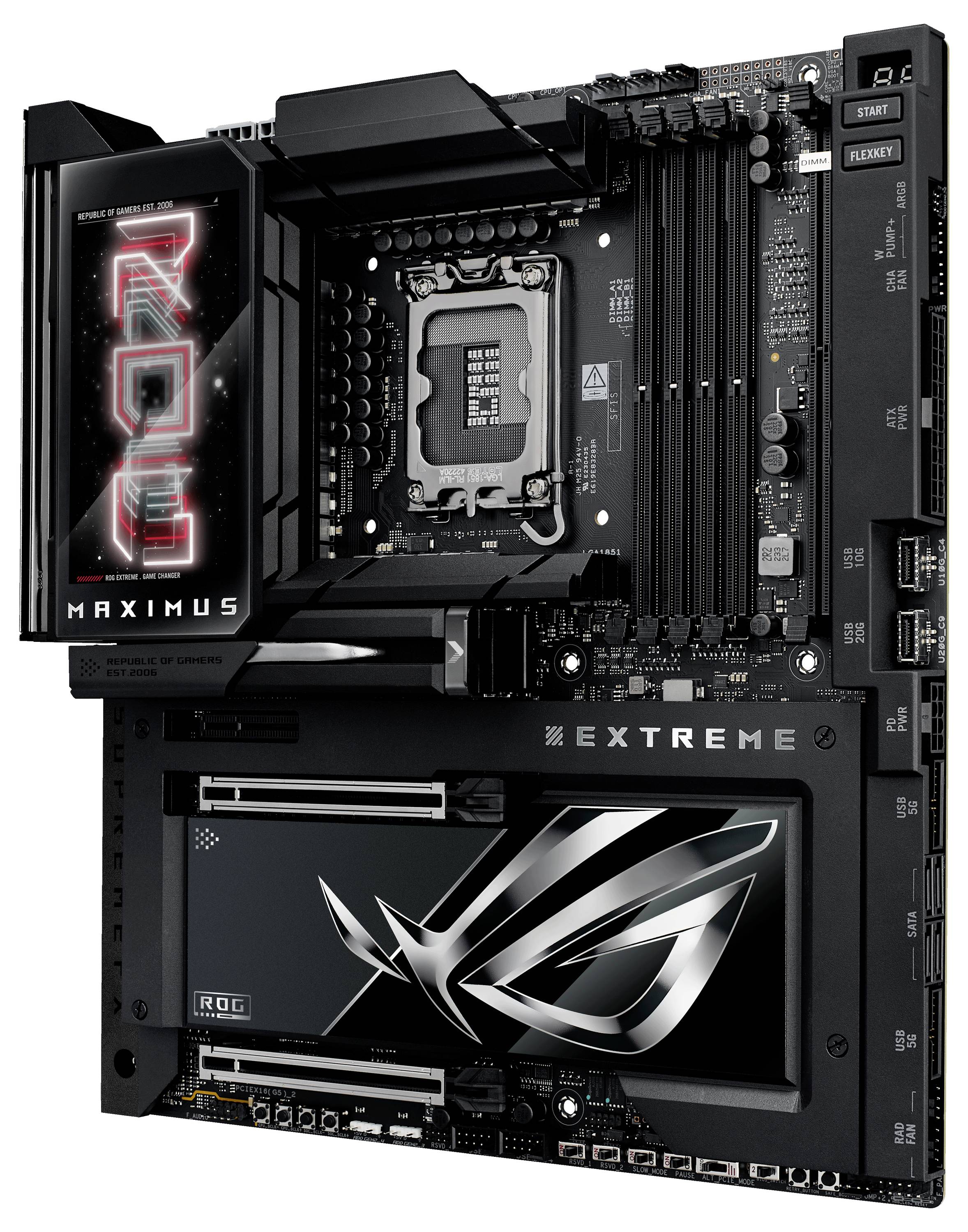 Une carte mère de gaming avec un design de dissipateur thermique étendu et plusieurs emplacements d'extension, optimisée pour une utilisation haute performance.