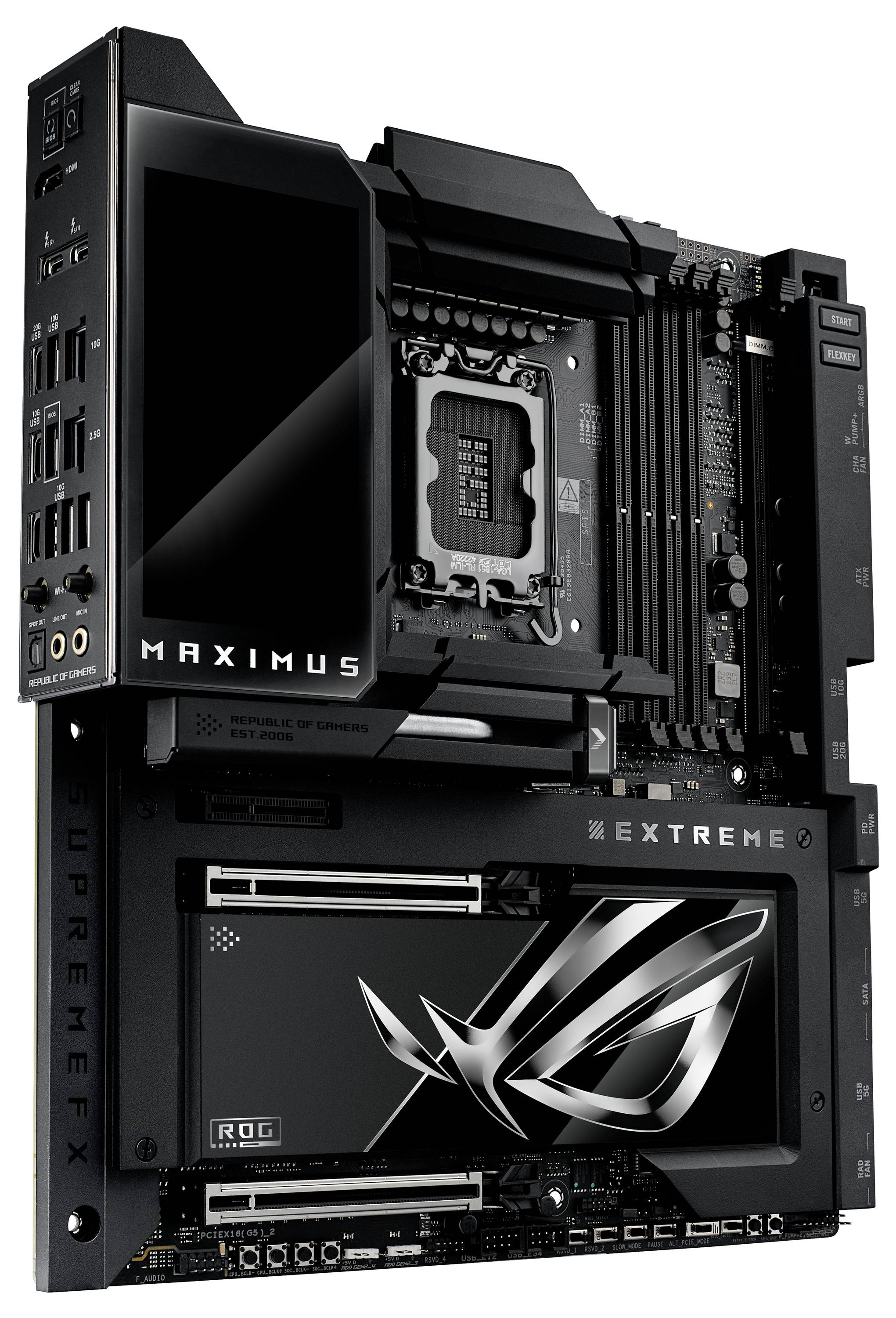 Une carte mère de gaming avec l'inscription 'MAXIMUS' et 'EXTREME', présentant de nombreuses connexions et un design élégant et performant.